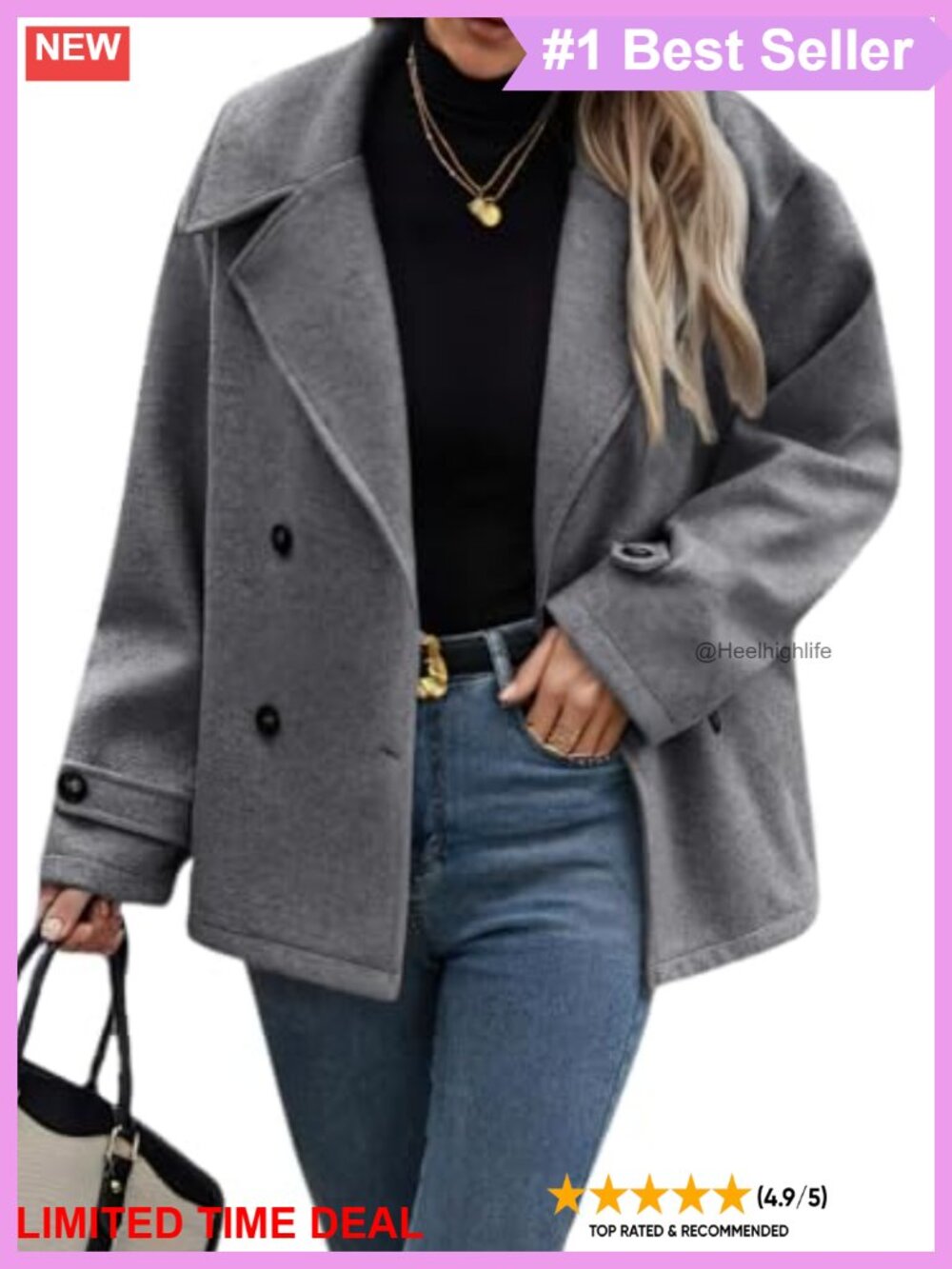 Wool Blend Cropped Pea Coat Button Down Notch Collar Business Casual